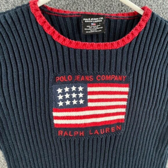Ralph Lauren Polo Jeans Women Flag Sweater Large Short Sleeve Ribbed Red Blue - Picture 3 of 14